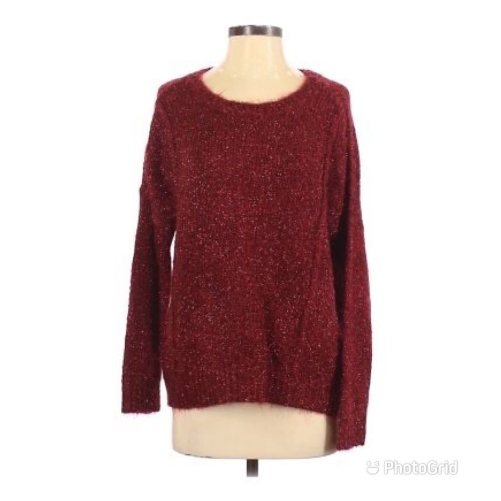 JENNIFER LOPEZ Red Fuzzy Sparkle‎ Sweater Pullover Shaggy Holiday Burgundy Small